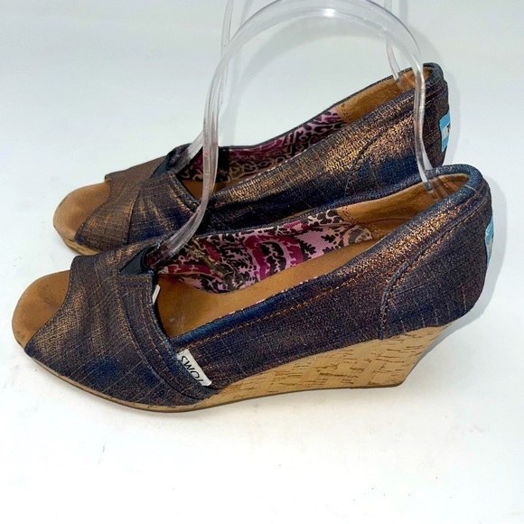 Toms Calypso Peep Toe Wedge Heels – Metallic Copper/Bronze, Size 7.5 - Picture 1 of 6